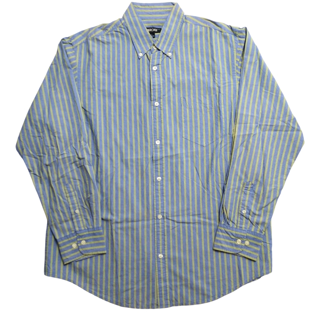 Cherokee Men's Blue/Green Stripe Long Sleeve Button Down L Large